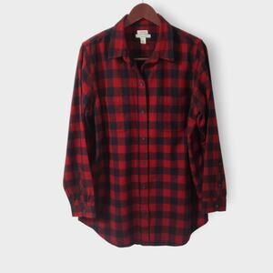 LL Bean Womens Buffalo Plaid Relaxed Fit Flannel Shirt Red Black Sz Lg Regular